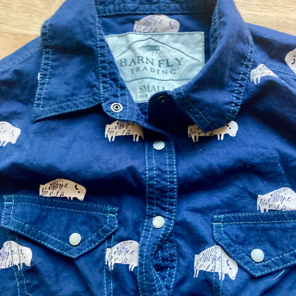 Barn Fly Trading Navy Shirt with Buffalo Print